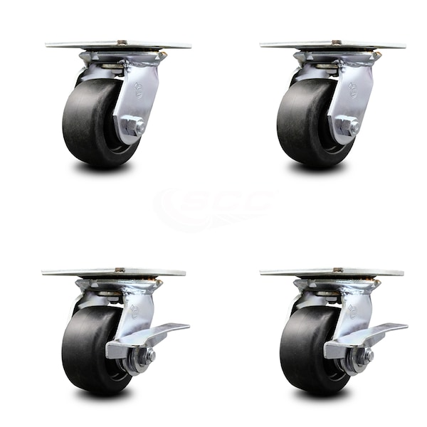 4 Inch Polyolefin Swivel Caster Set with Ball Bearings 2 Brakes